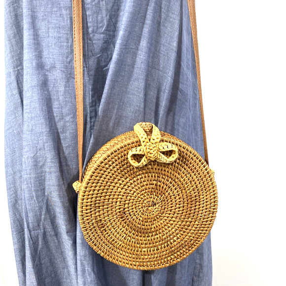 Natural Straw Brown Wicker Shoulder Crossbody Bag Purse Cottagecore Boho Preppy - Picture 8 of 10